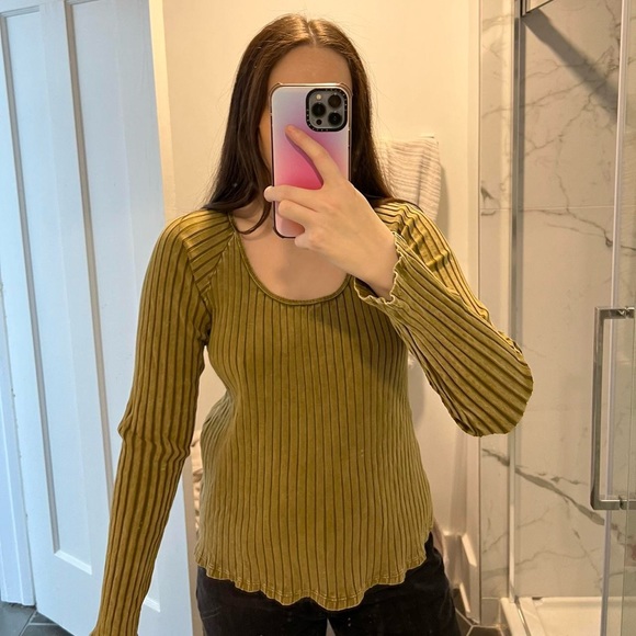 Knox Rose Indie Sleeze Green Ribbed Long-Sleeved Top, Size Medium - Picture 6 of 11